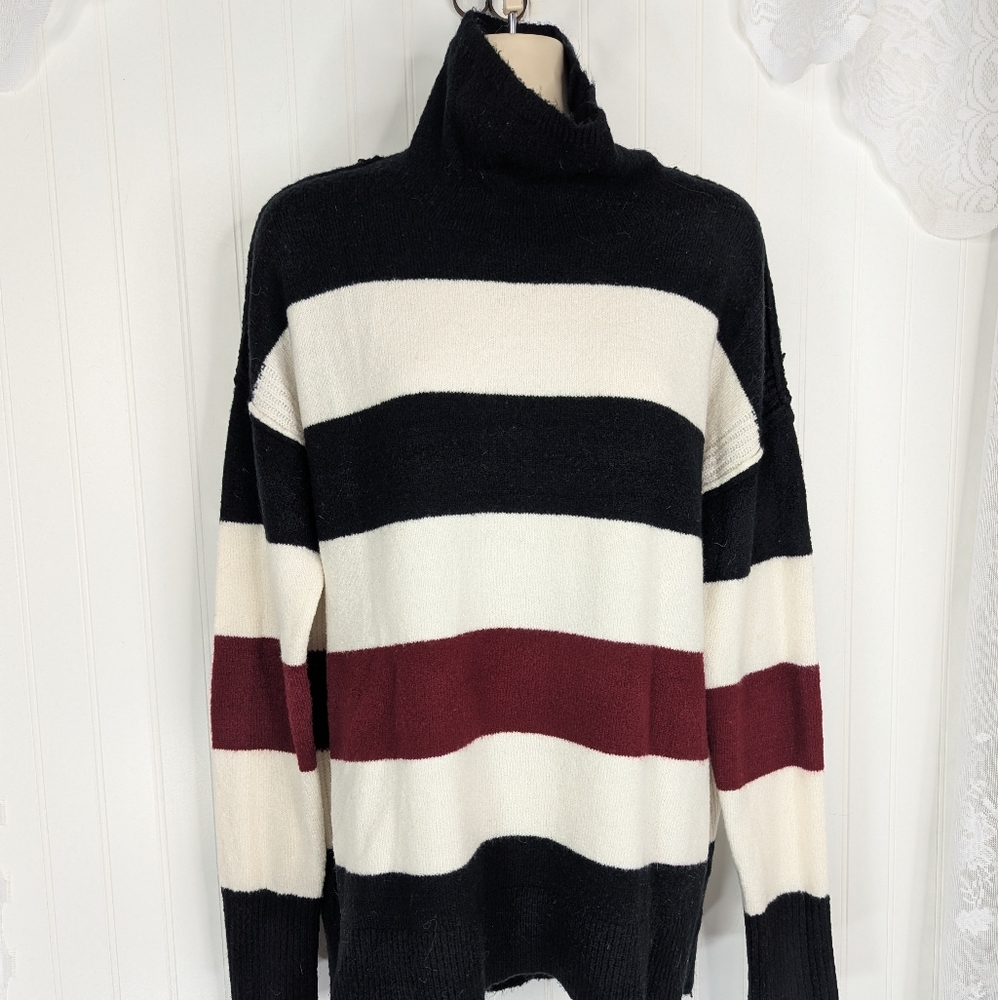 PER SE Striped Turtleneck Tunic Sweater Sz L - Picture 2 of 11